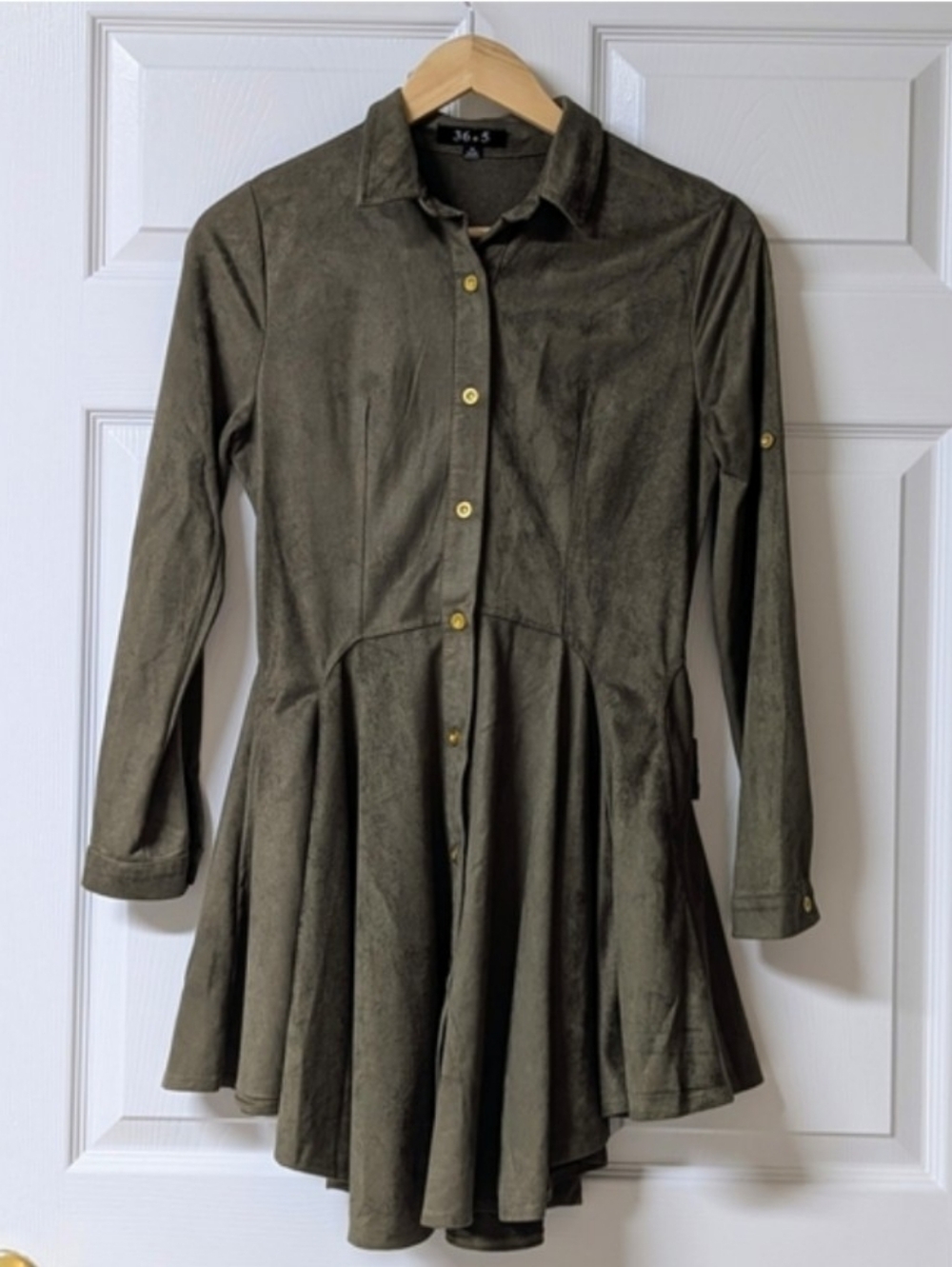 Women's Olive Green Button-Front Flared Suede Shirt Dress - Picture 14 of 14